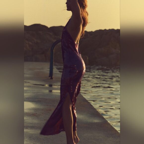 NWT ZARA SEQUIN HALTER DRESS burgundy - Picture 15 of 16